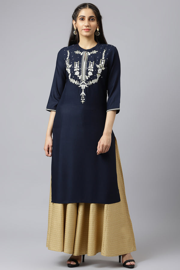 Blue Embroidered Straight kurta