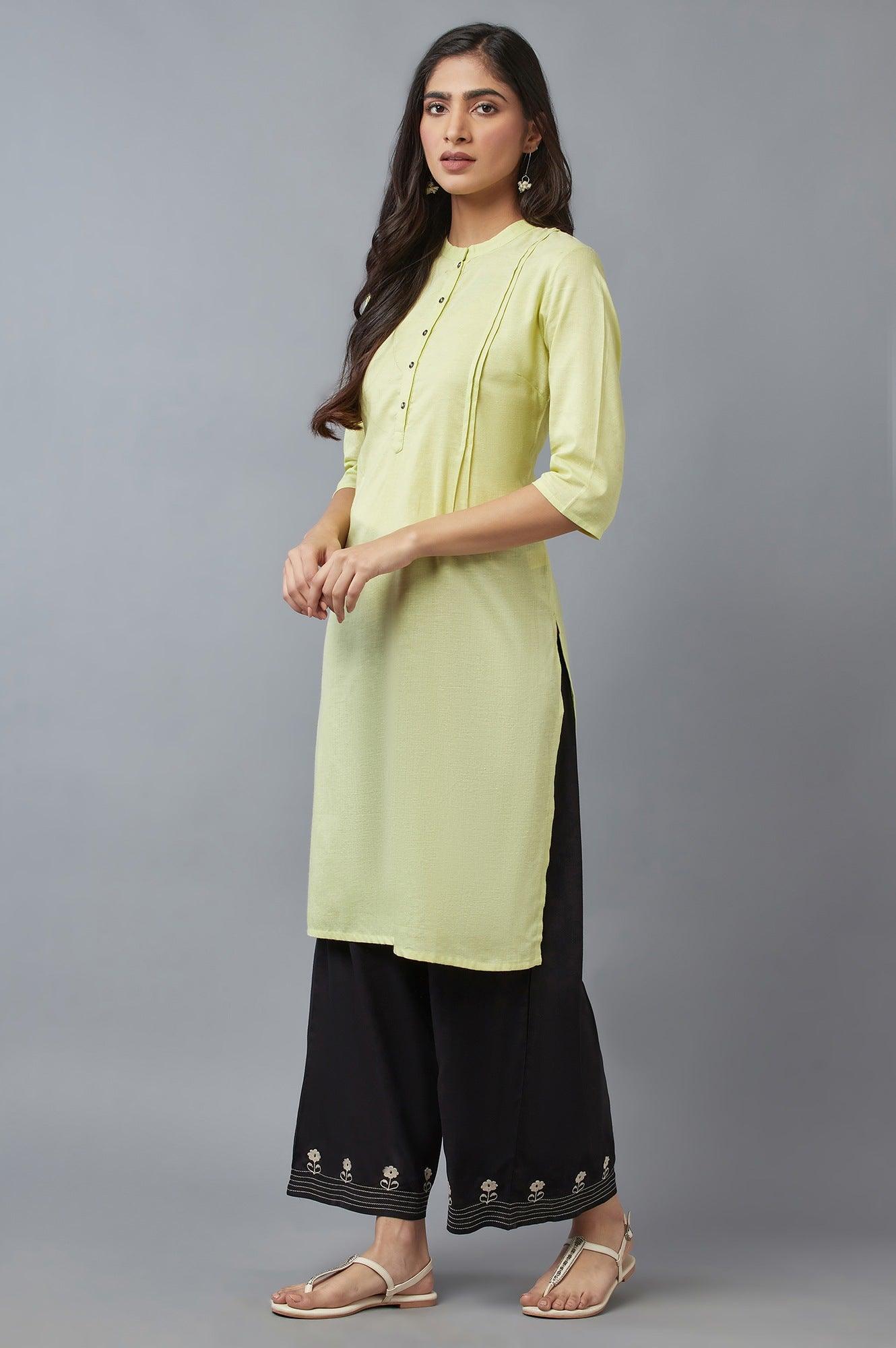 Lime Green Solid Cotton Khadi kurta - wforwoman