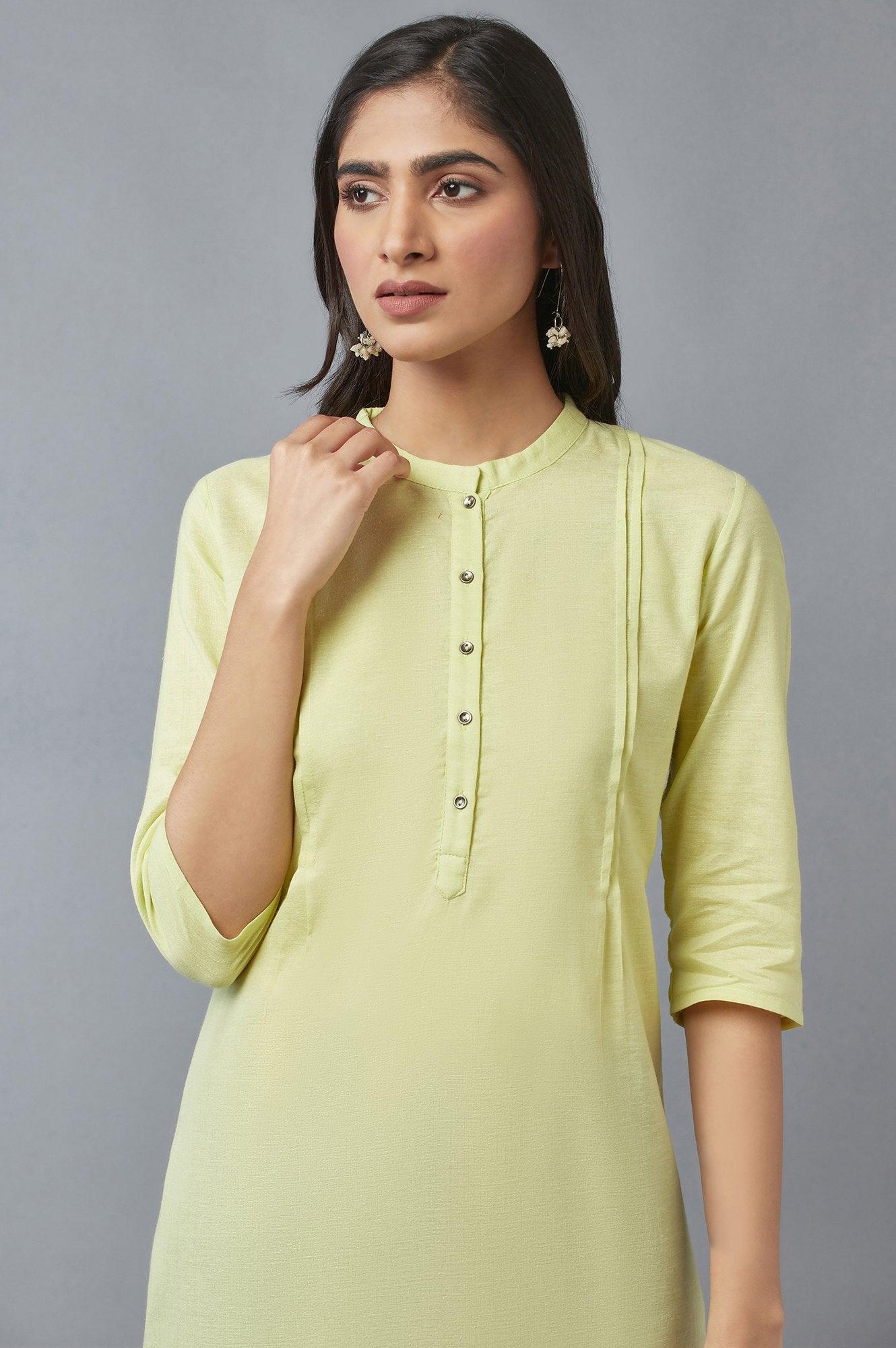 Lime Green Solid Cotton Khadi kurta - wforwoman
