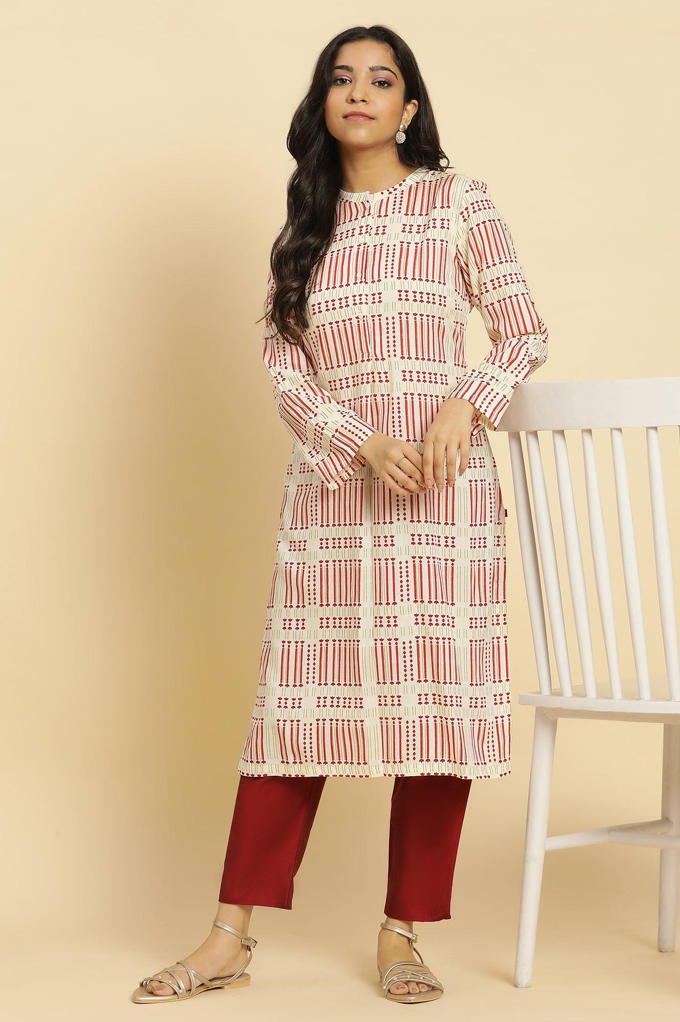 White Printed Mandarin Collar Kurta - wforwoman