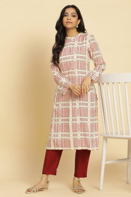 White Printed Mandarin Collar Kurta - wforwoman
