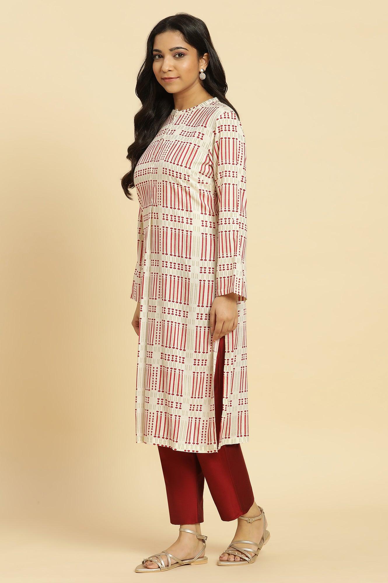 White Printed Mandarin Collar Kurta - wforwoman