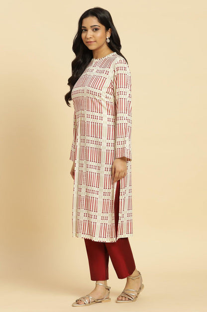White Printed Mandarin Collar Kurta - wforwoman