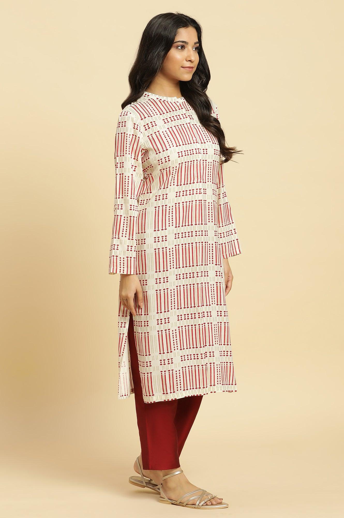 White Printed Mandarin Collar Kurta - wforwoman