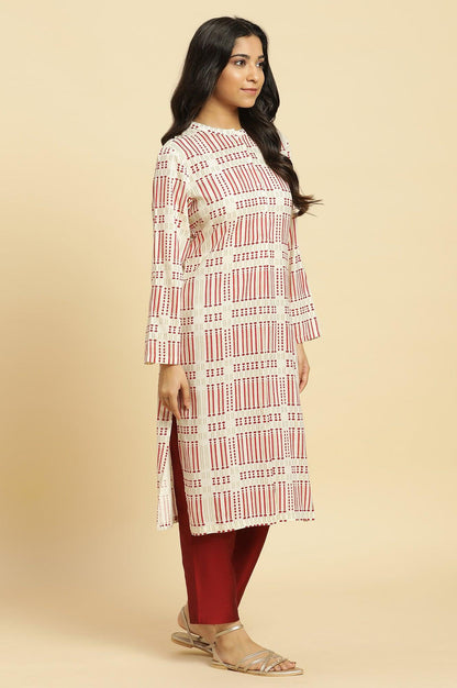 White Printed Mandarin Collar Kurta - wforwoman
