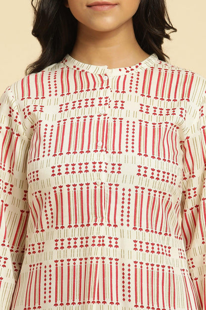 White Printed Mandarin Collar Kurta - wforwoman