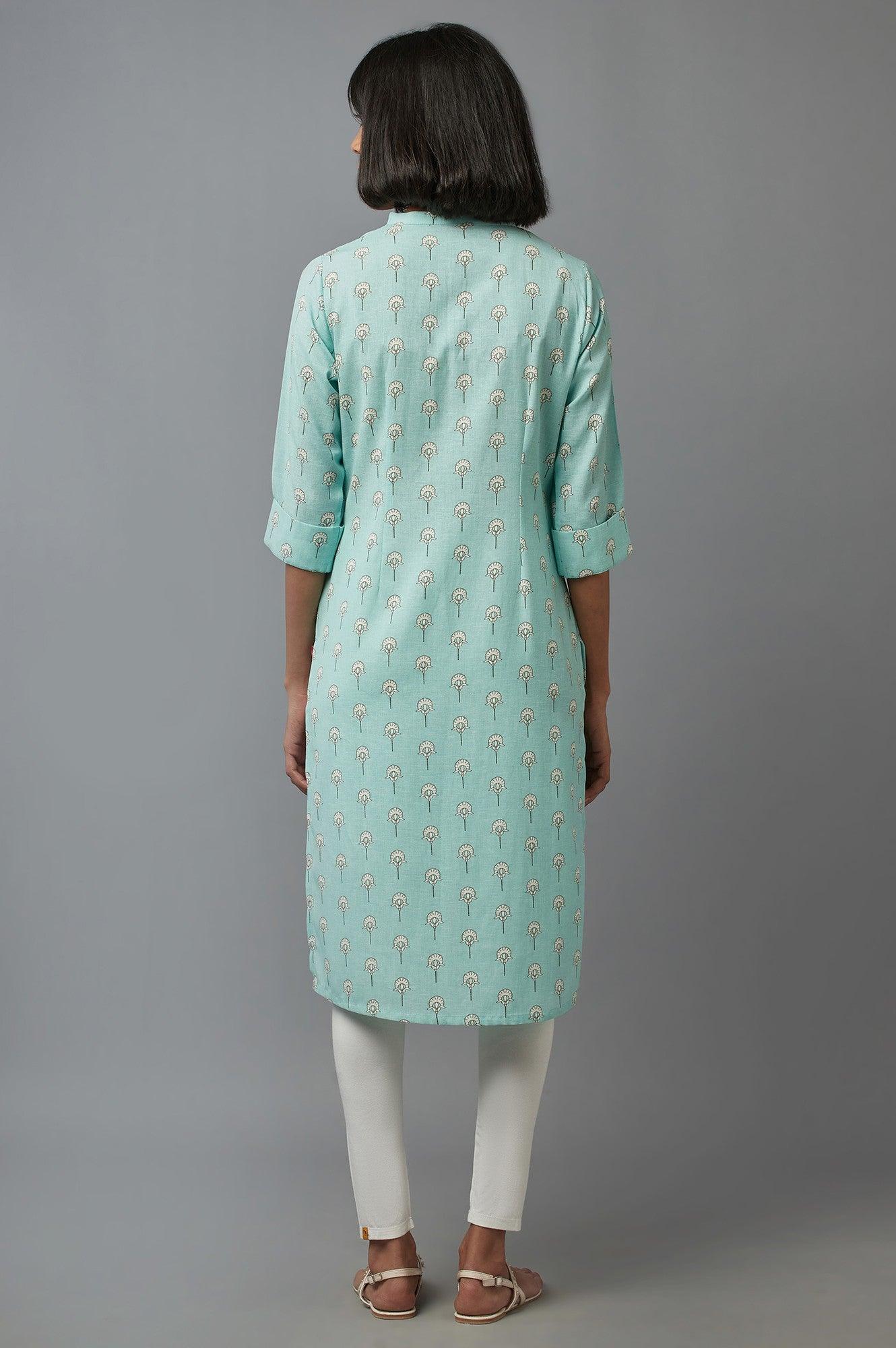 Light Blue Floral Print kurta in Mandarin Collar - wforwoman