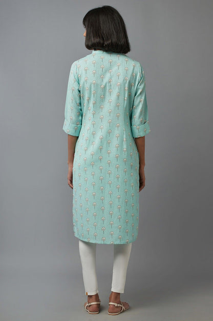 Light Blue Floral Print kurta in Mandarin Collar - wforwoman