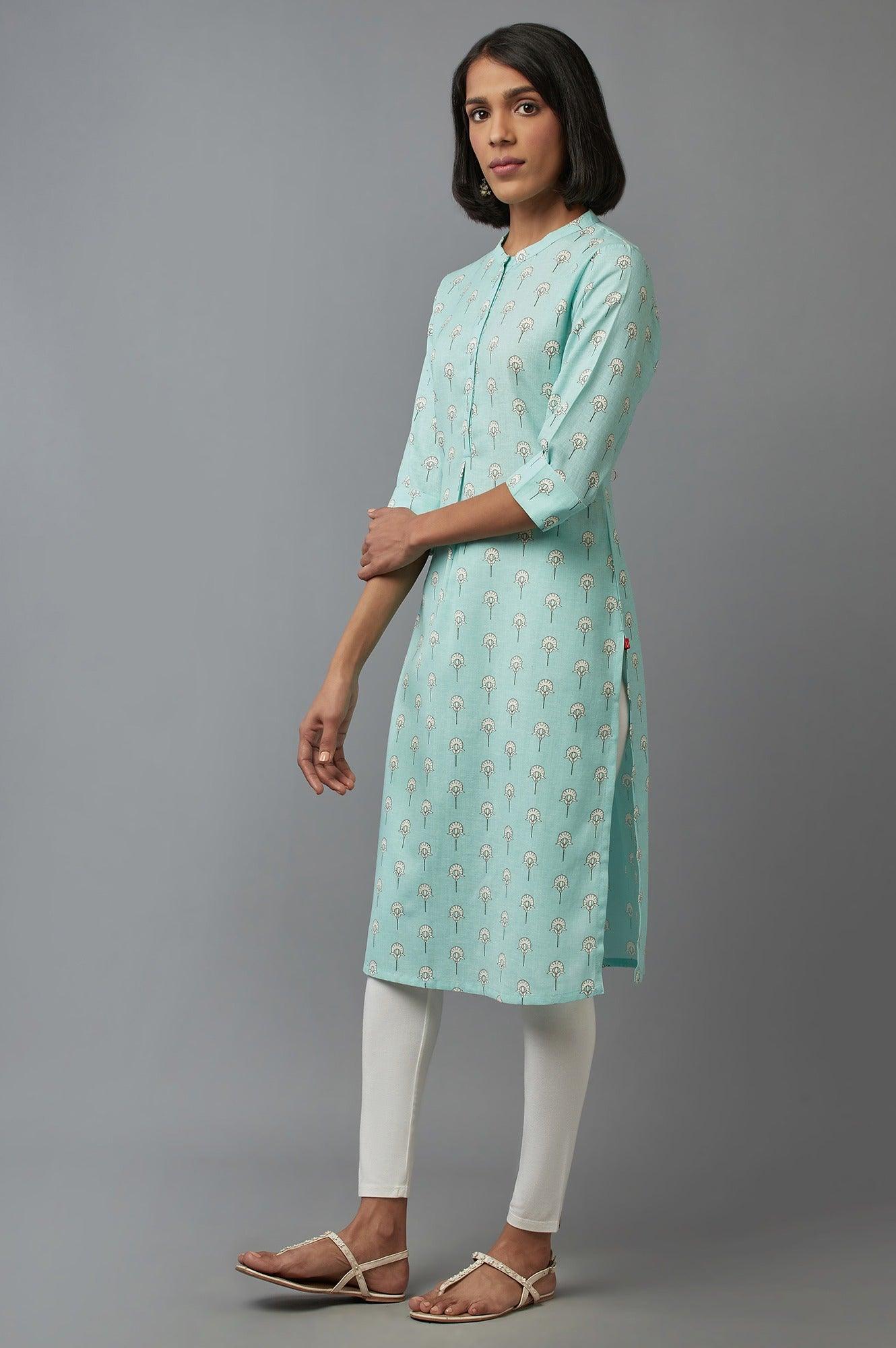 Light Blue Floral Print kurta in Mandarin Collar - wforwoman