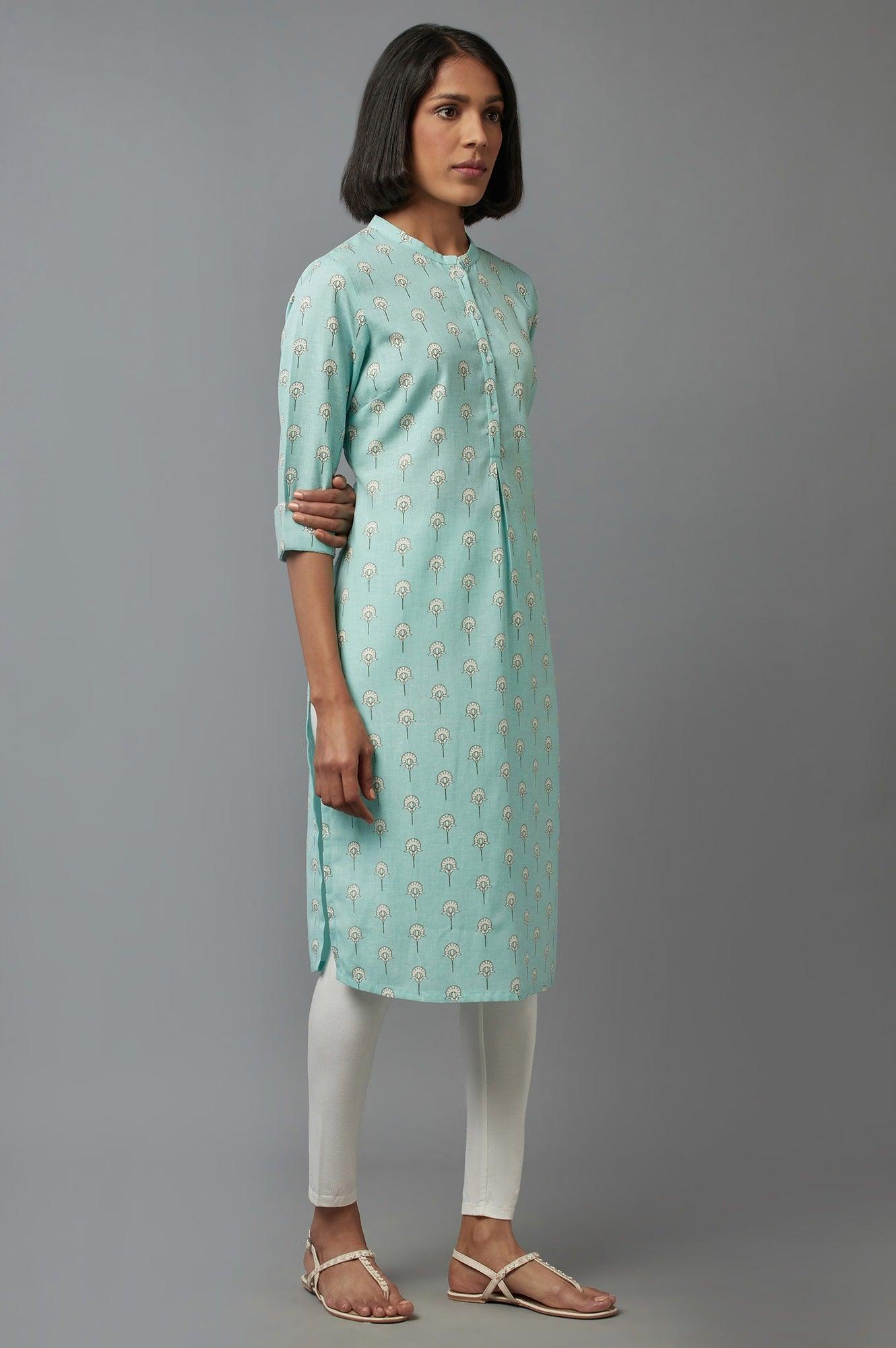 Light Blue Floral Print kurta in Mandarin Collar - wforwoman