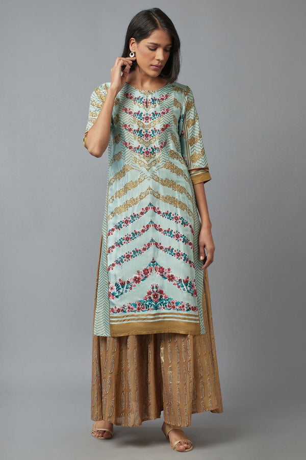 Light Teal Floral Print kurta in Keyhole Neckline