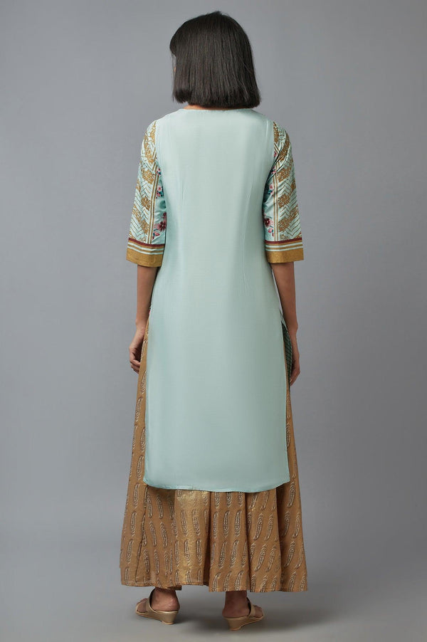 Light Teal Floral Print kurta in Keyhole Neckline