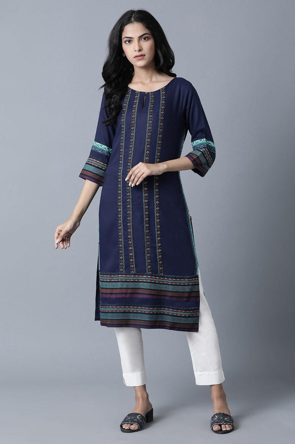Blue Geometric Print kurta in Keyhole Neckline