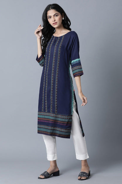 Blue Geometric Print kurta in Keyhole Neckline - wforwoman