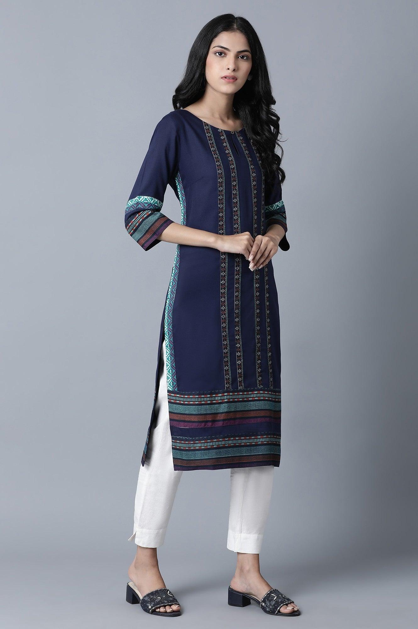 Blue Geometric Print kurta in Keyhole Neckline - wforwoman