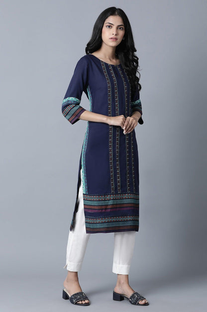 Blue Geometric Print kurta in Keyhole Neckline - wforwoman