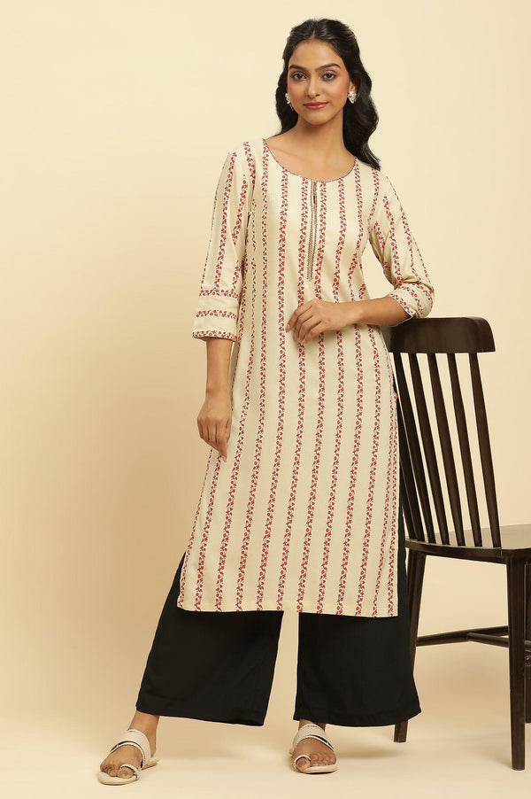 Beige Floral Stripes Print Kurta