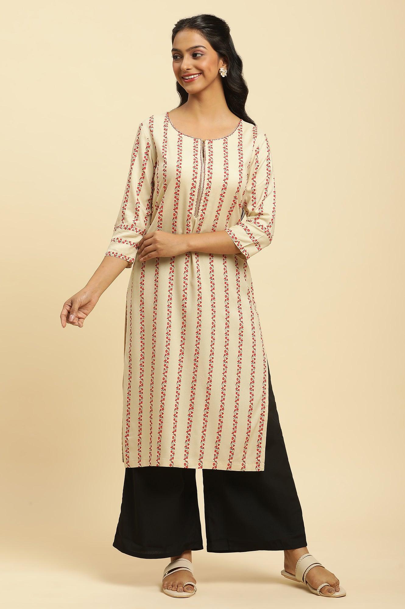 Beige Floral Stripes Print Kurta - wforwoman