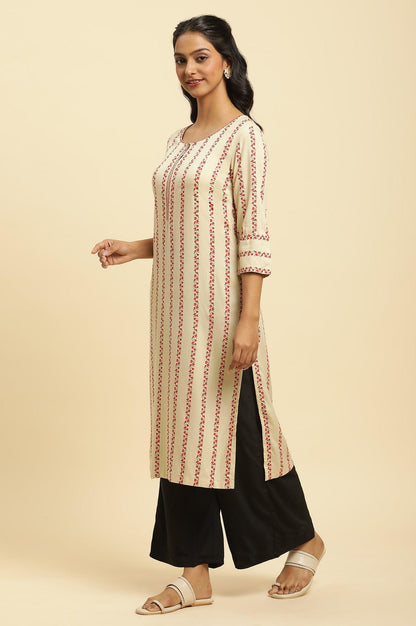 Beige Floral Stripes Print Kurta - wforwoman
