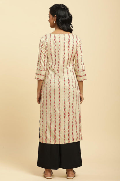 Beige Floral Stripes Print Kurta - wforwoman