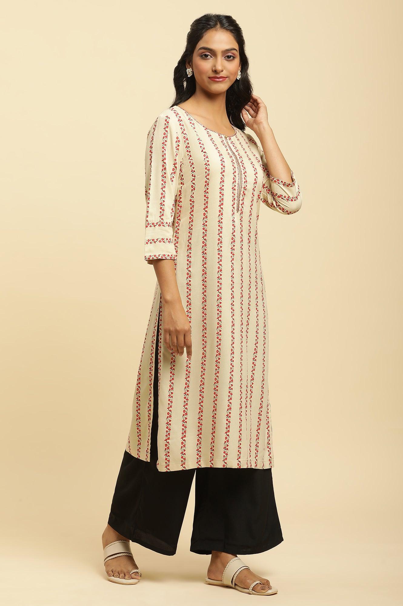 Beige Floral Stripes Print Kurta - wforwoman
