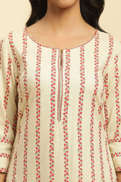 Beige Floral Stripes Print Kurta - wforwoman