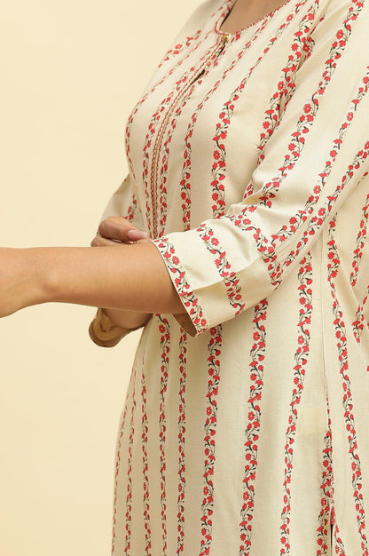 Beige Floral Stripes Print Kurta - wforwoman