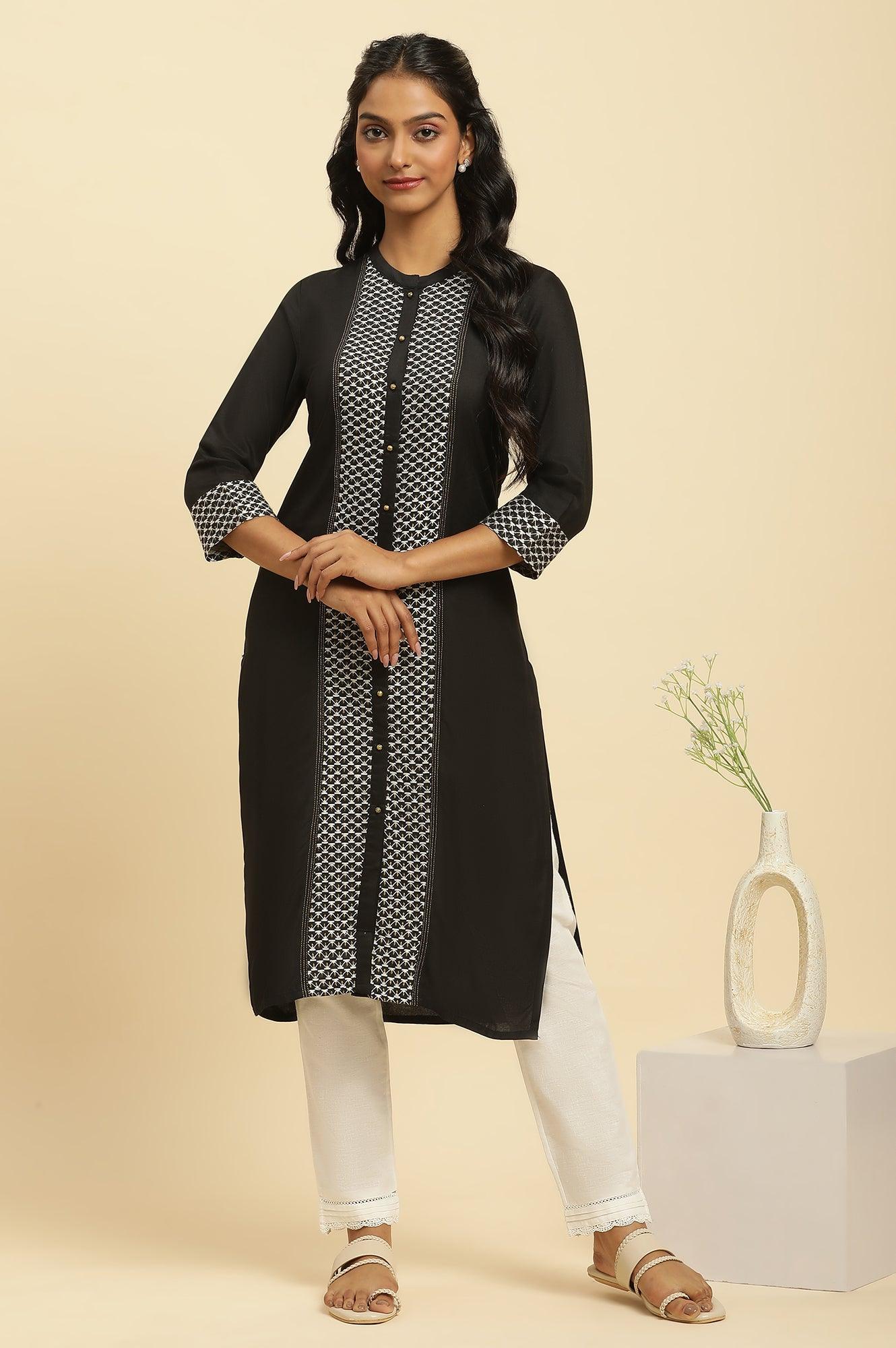 Black Dobby Patch Kurta With Gold Stitch Lines - wforwoman