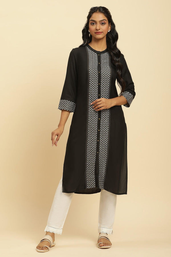 Black Dobby Patch Kurta With Gold Stitch Lines