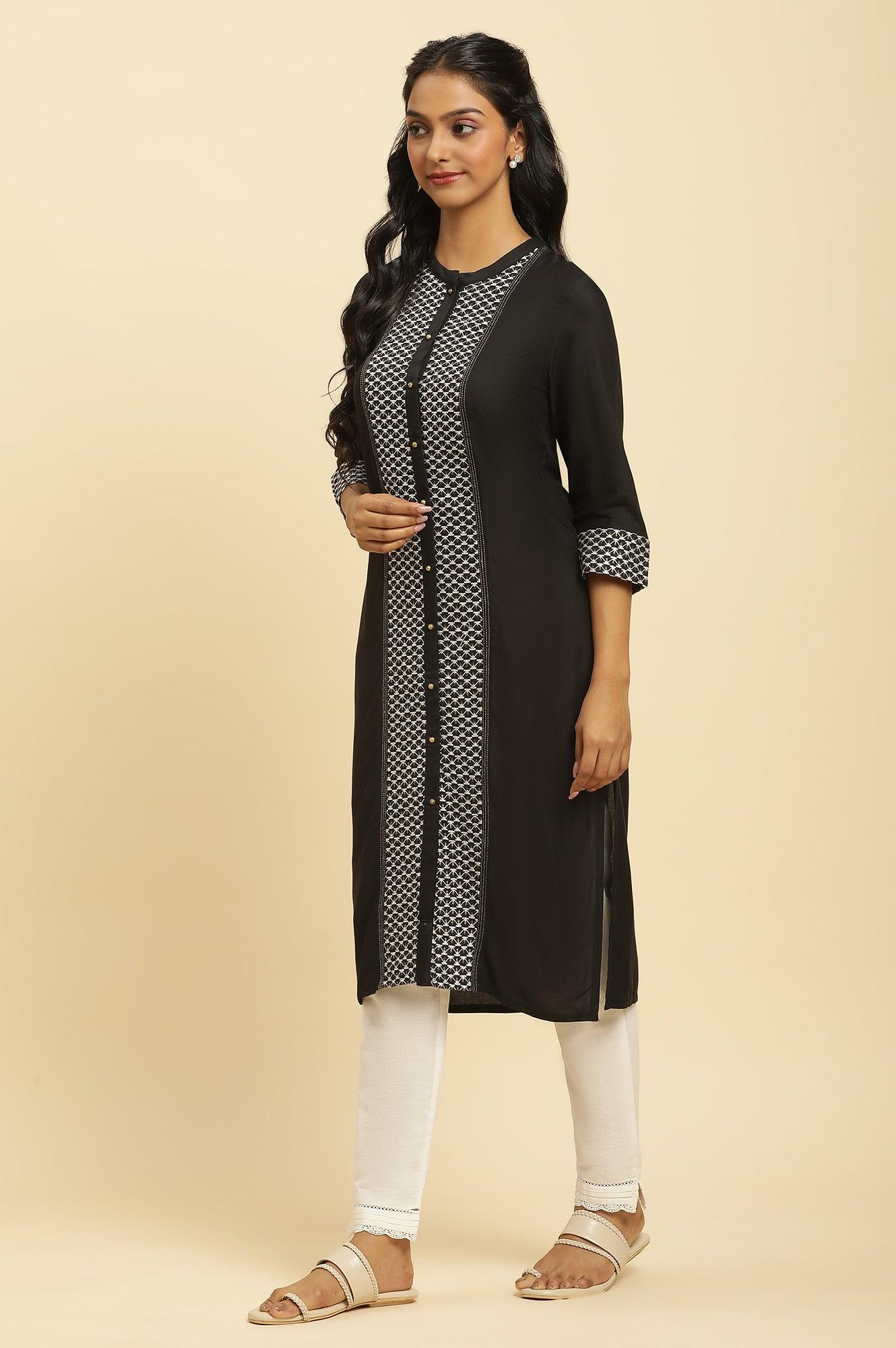 Black Dobby Patch Kurta With Gold Stitch Lines - wforwoman