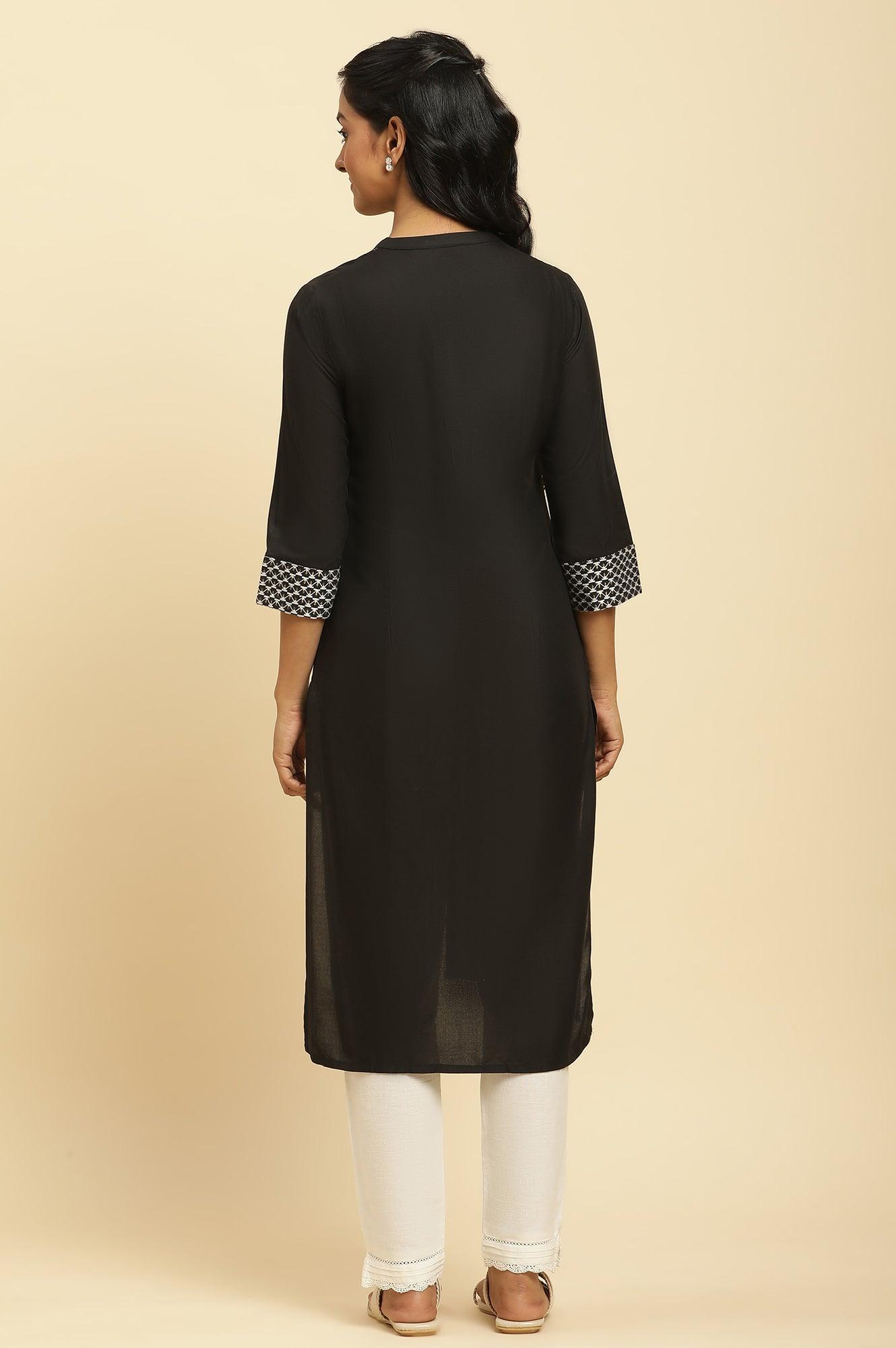 Black Dobby Patch Kurta With Gold Stitch Lines - wforwoman