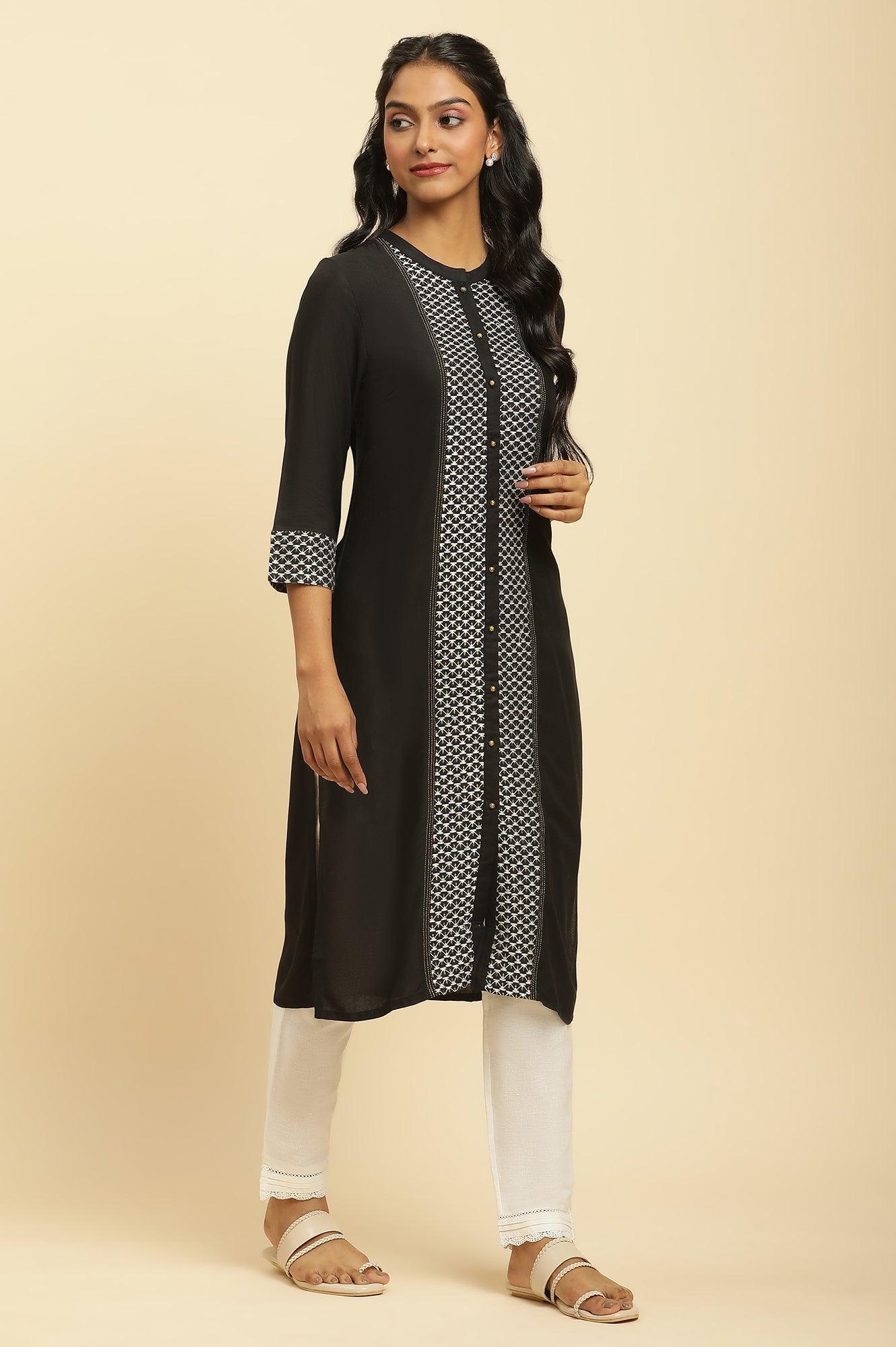 Black Dobby Patch Kurta With Gold Stitch Lines - wforwoman