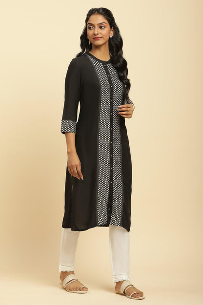Black Dobby Patch Kurta With Gold Stitch Lines - wforwoman