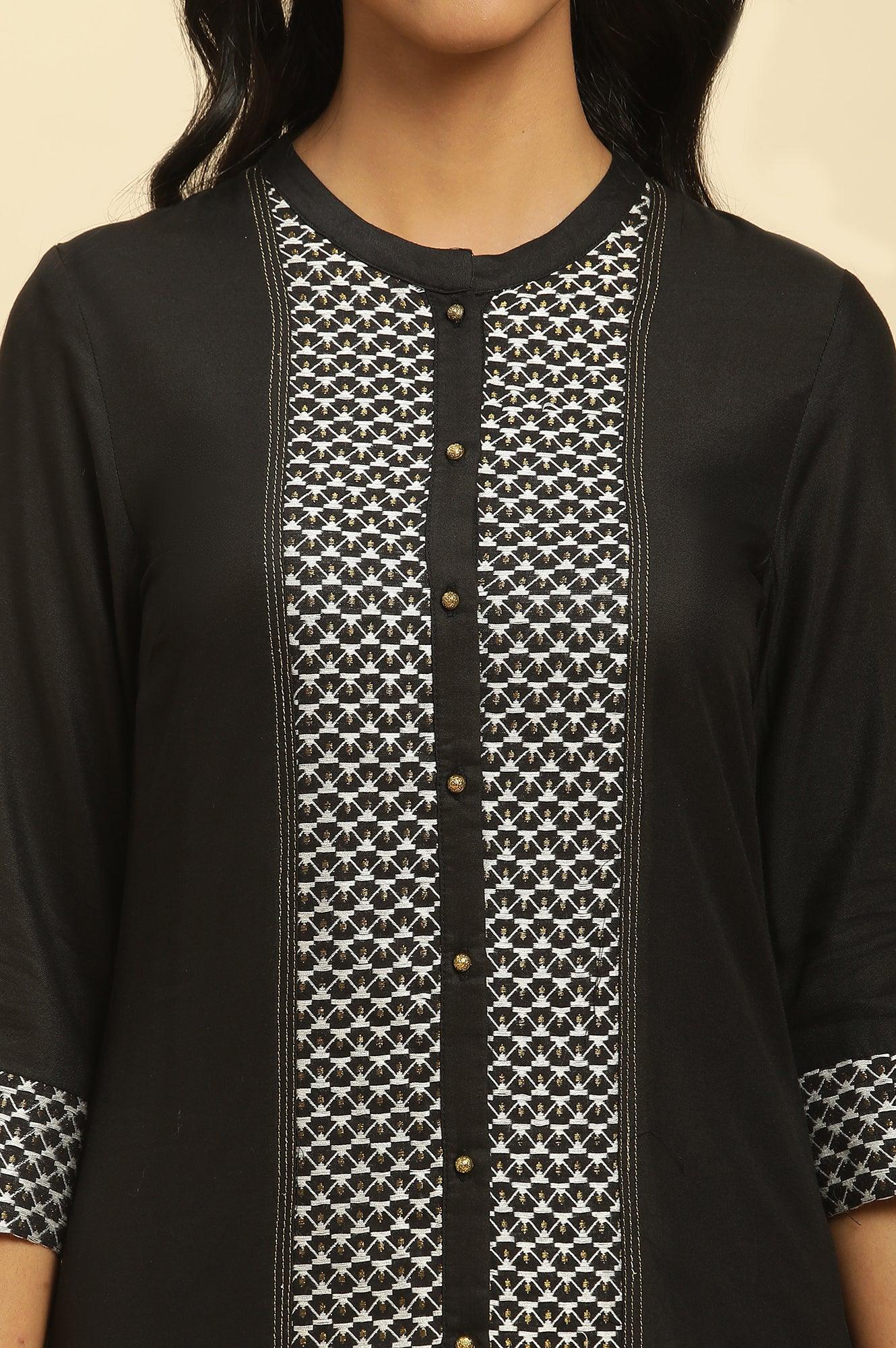 Black Dobby Patch Kurta With Gold Stitch Lines - wforwoman