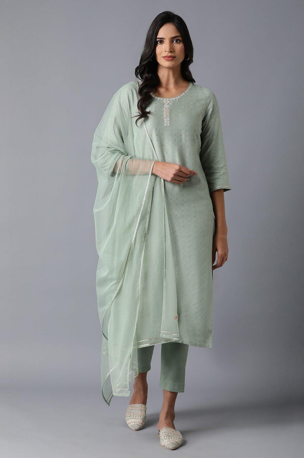 Pale Green Glitter Print kurta in Round Neck with Slim Pants and Dupatta