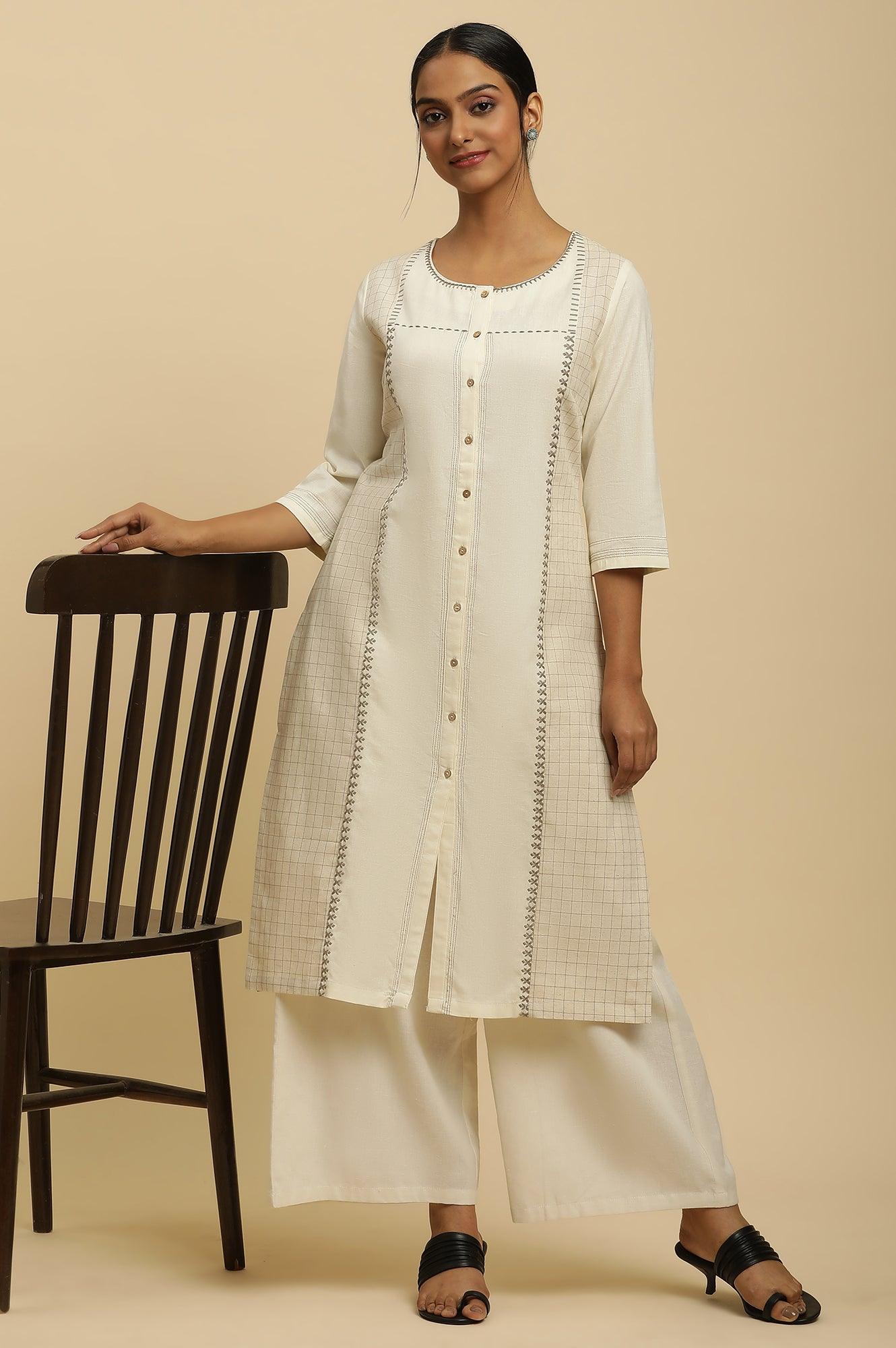 Off White Thread Embroidered And Side Stripe Kurta And Pants Set - wforwoman