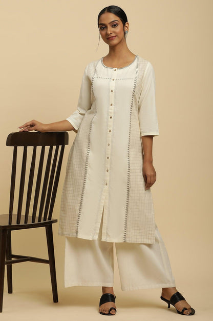 Off White Thread Embroidered And Side Stripe Kurta And Pants Set - wforwoman