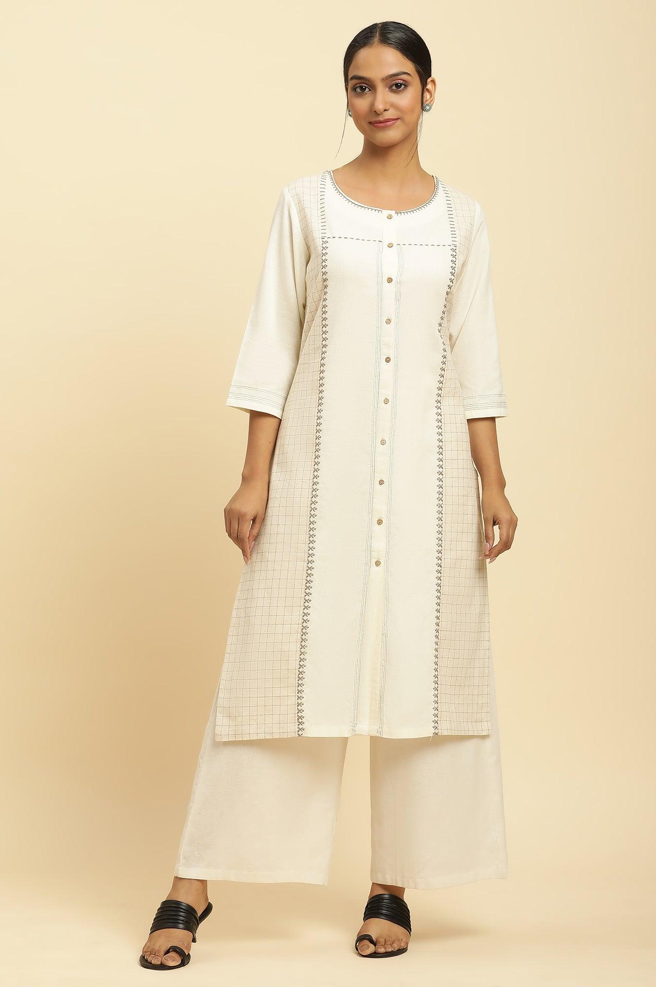 Off White Thread Embroidered And Side Stripe Kurta And Pants Set - wforwoman