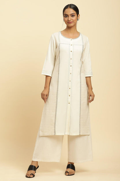 Off White Thread Embroidered And Side Stripe Kurta And Pants Set - wforwoman