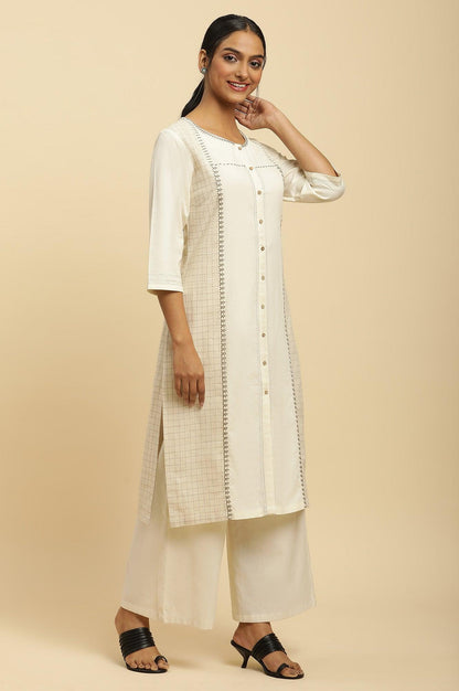 Off White Thread Embroidered And Side Stripe Kurta And Pants Set - wforwoman