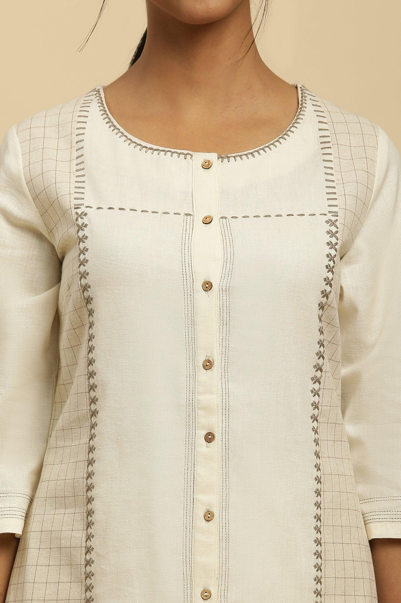 Off White Thread Embroidered And Side Stripe Kurta And Pants Set - wforwoman