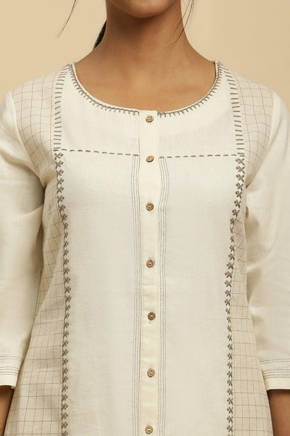 Off White Thread Embroidered And Side Stripe Kurta And Pants Set - wforwoman