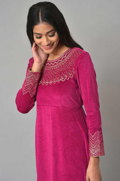 Pink Zari Embroidered Straight Kurta, Pant And Dupatta Set - wforwoman