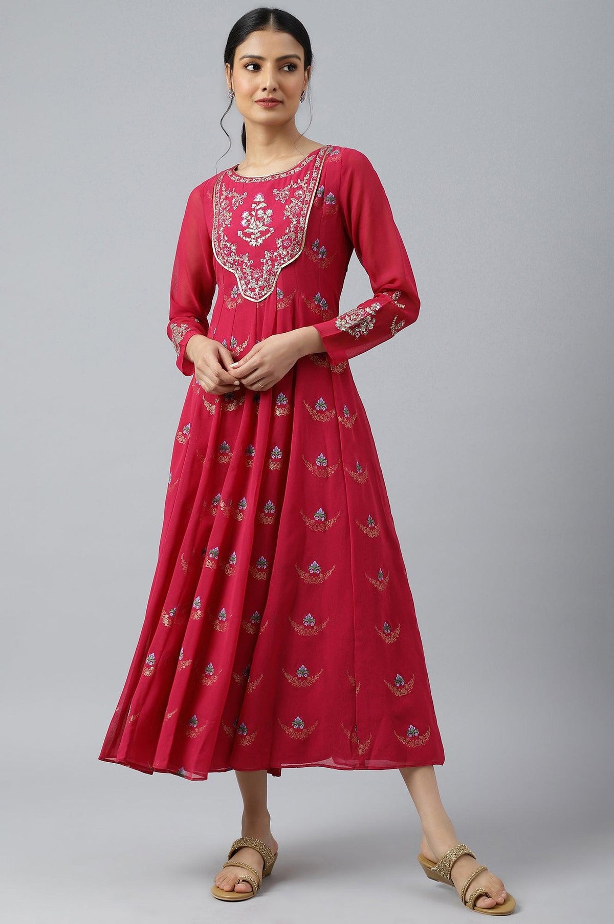 Pink Embroidered Panelled Georgette Dress - XS