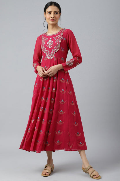 Pink Embroidered Panelled Georgette Dress - wforwoman