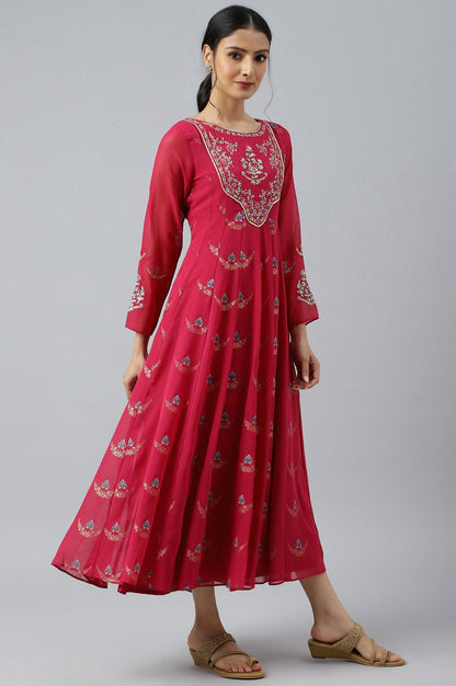 Pink Embroidered Panelled Georgette Dress - wforwoman