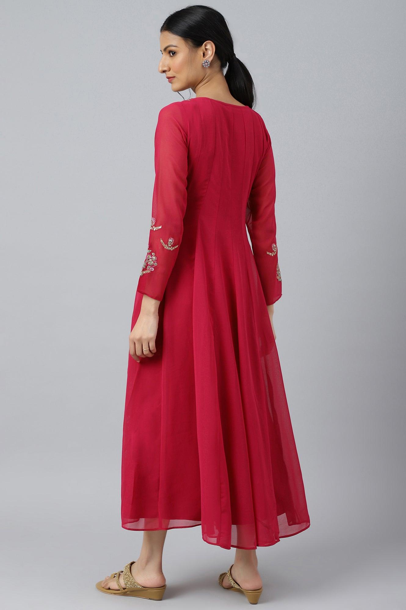 Pink Embroidered Panelled Georgette Dress - wforwoman