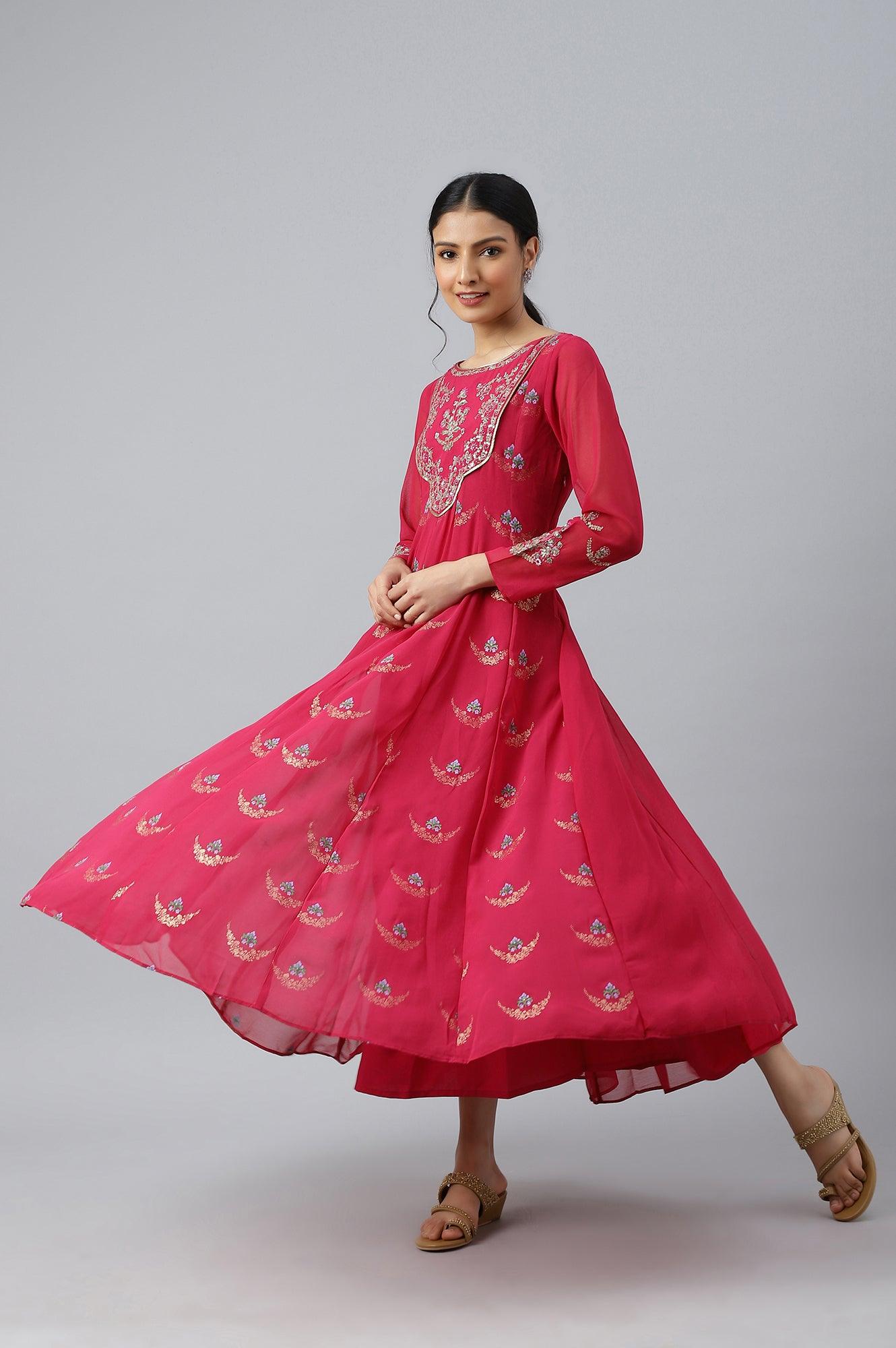 Pink Embroidered Panelled Georgette Dress - wforwoman