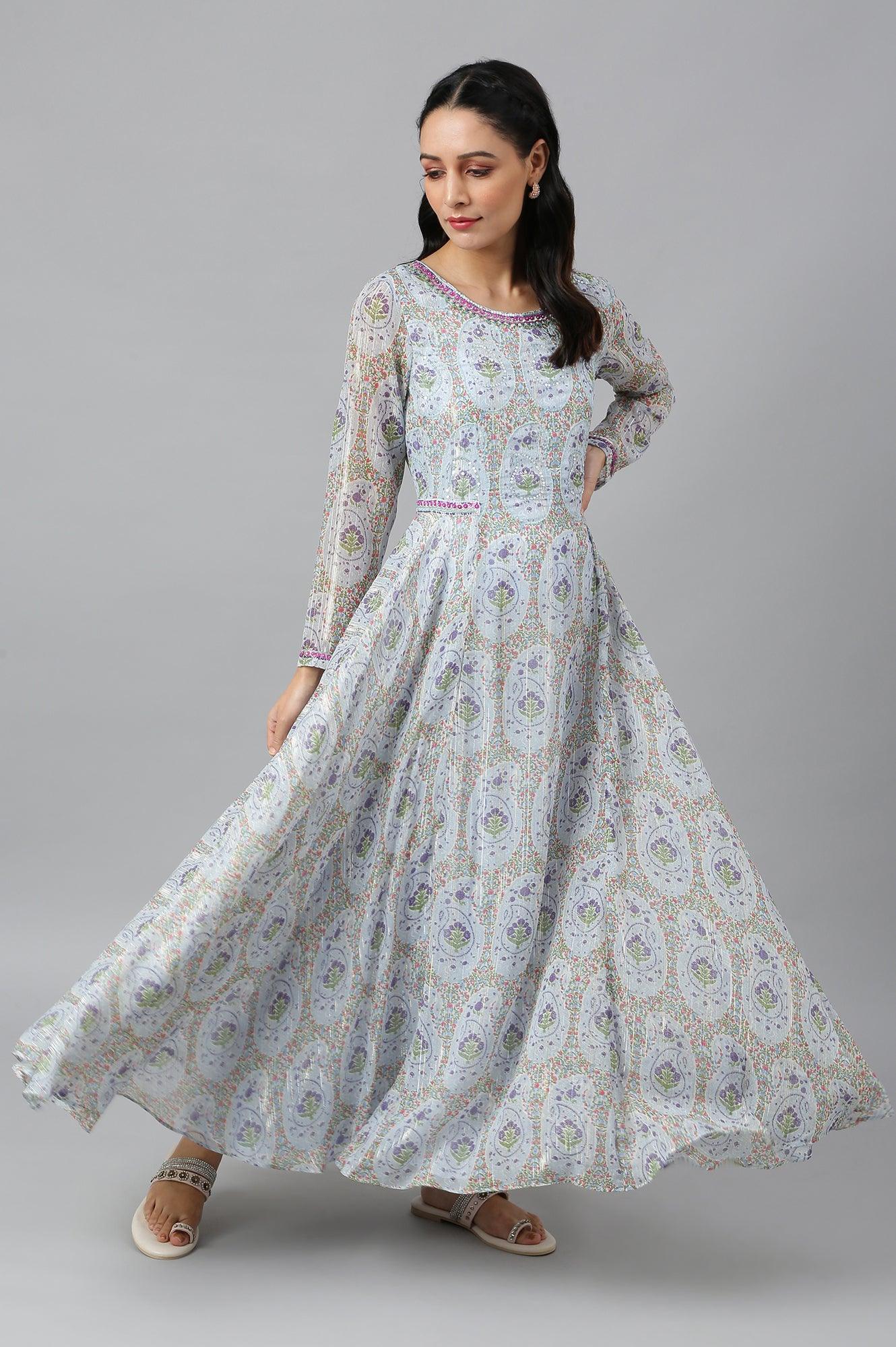 Light Blue Paisley Print Chiffon Dress With Sequin - wforwoman