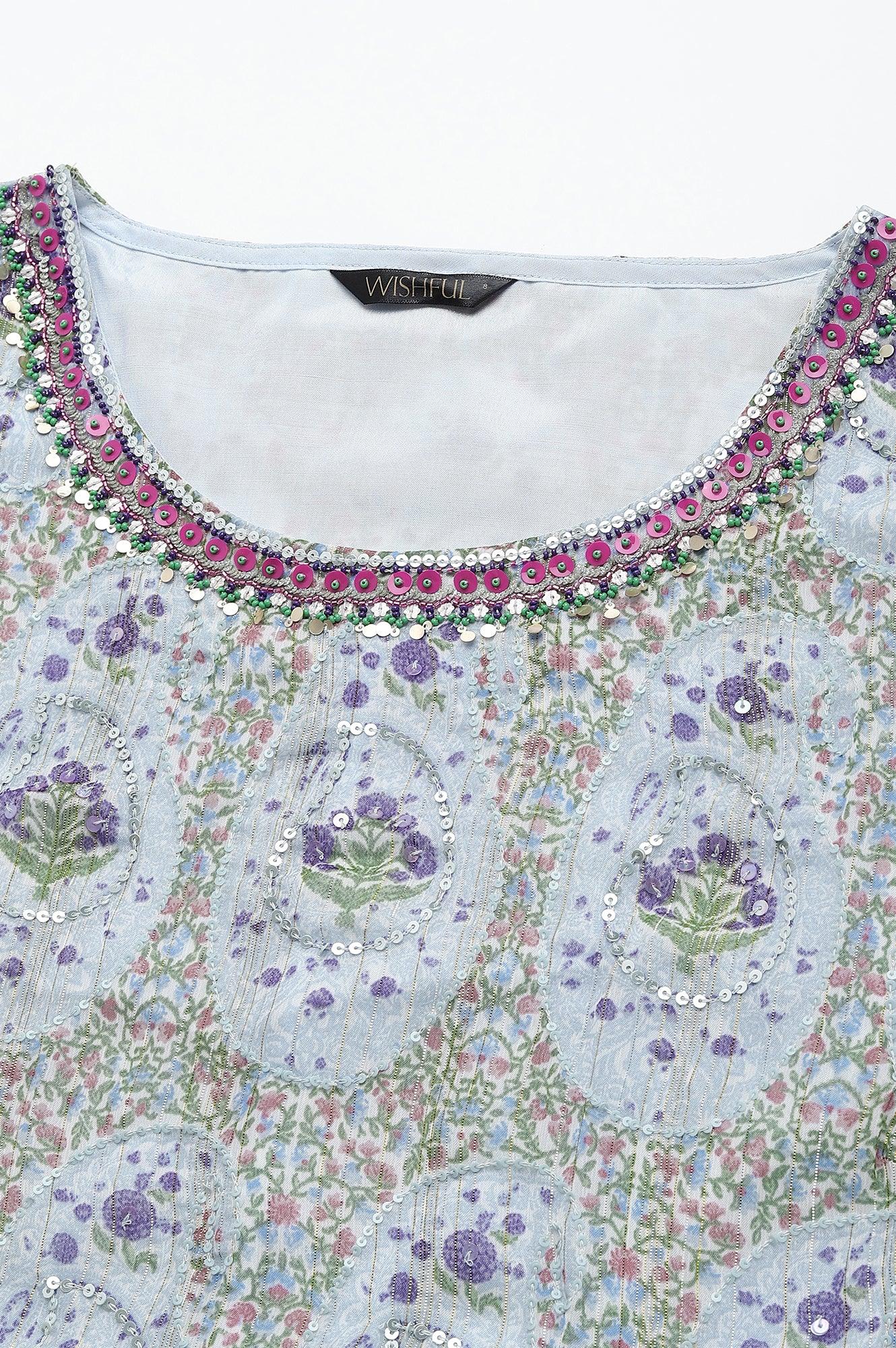 Light Blue Paisley Print Chiffon Dress With Sequin - wforwoman